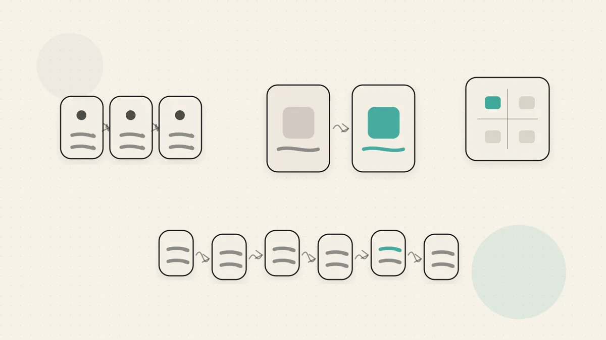 Concept: three abstract carousel structures showing a dotted list sequence, a before and after pair, and a simple framework grid