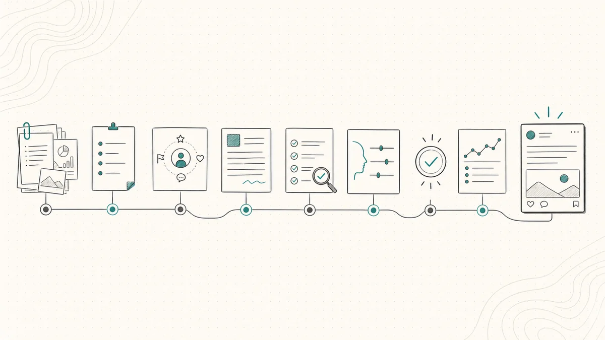 A nine-step LinkedIn ghostwriter workflow from client source material to an approved post