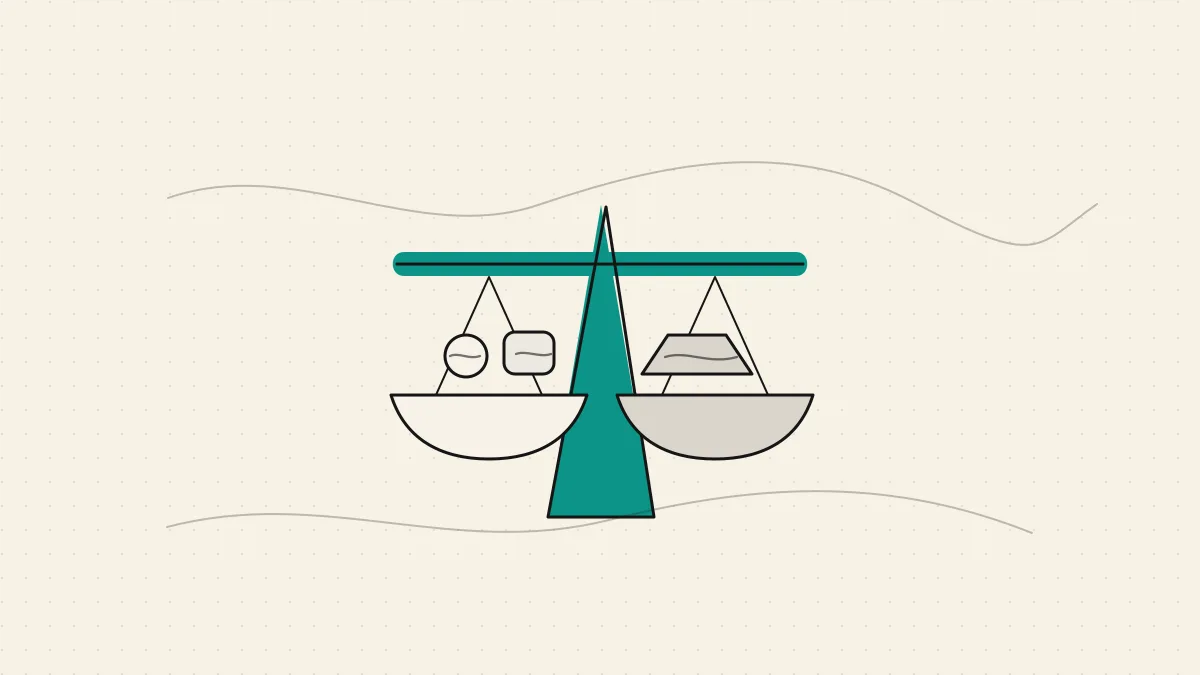 Concept: neutral review trade-offs shown as an abstract scale with unbranded shapes